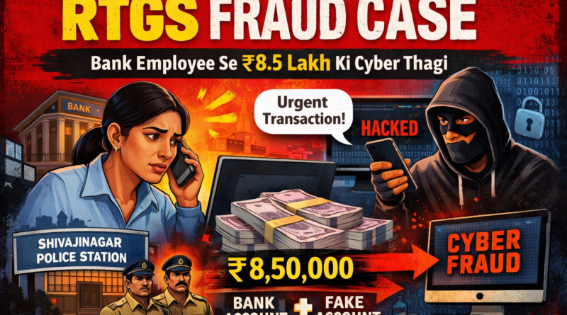 RTGS fraud case me bank employee se ₹8.5 lakh ki cyber thagi dikhata hua digital illustration